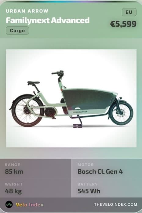 Urban Arrow Family Arrow Advanced specification card, EU cargo e-bike