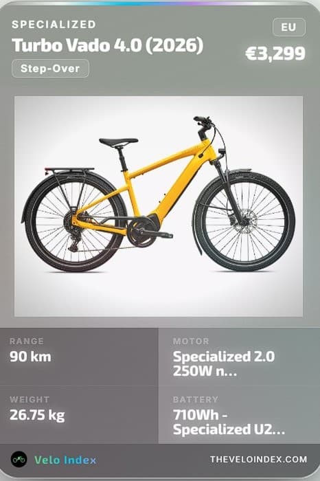 Specialized Turbo Vado 4.0 (2026) specification card, EU commuter e-bike