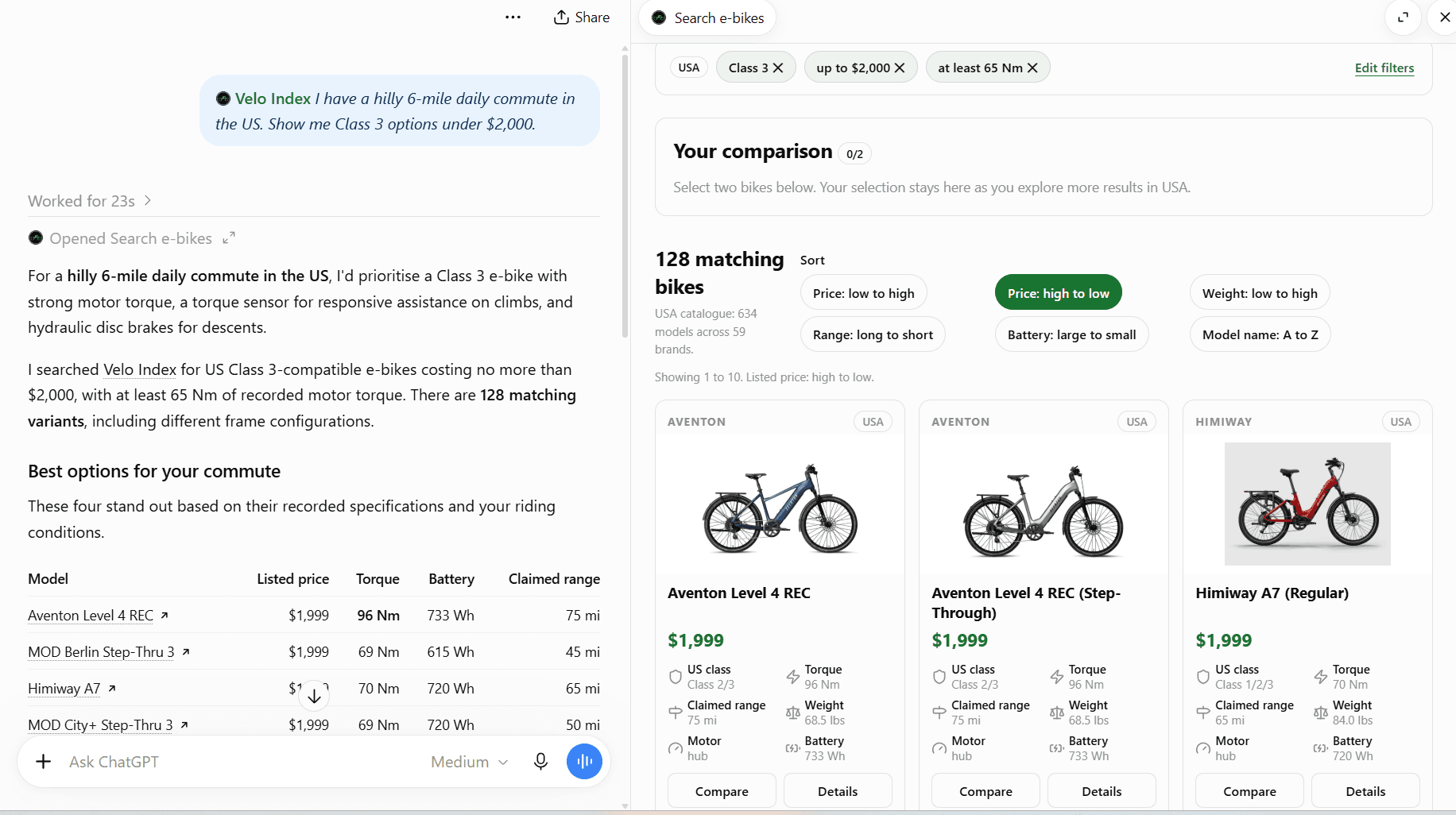 ChatGPT conversation about a hilly 6-mile US commute, beside the Velo Index panel showing 128 Class 3 e-bikes under $2,000 with at least 65 Nm of torque.