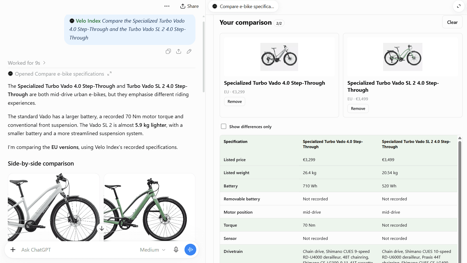ChatGPT comparing the Specialized Turbo Vado 4.0 Step-Through and Turbo Vado SL 2 4.0 Step-Through, beside the Velo Index comparison table with EU prices and fields marked not recorded.