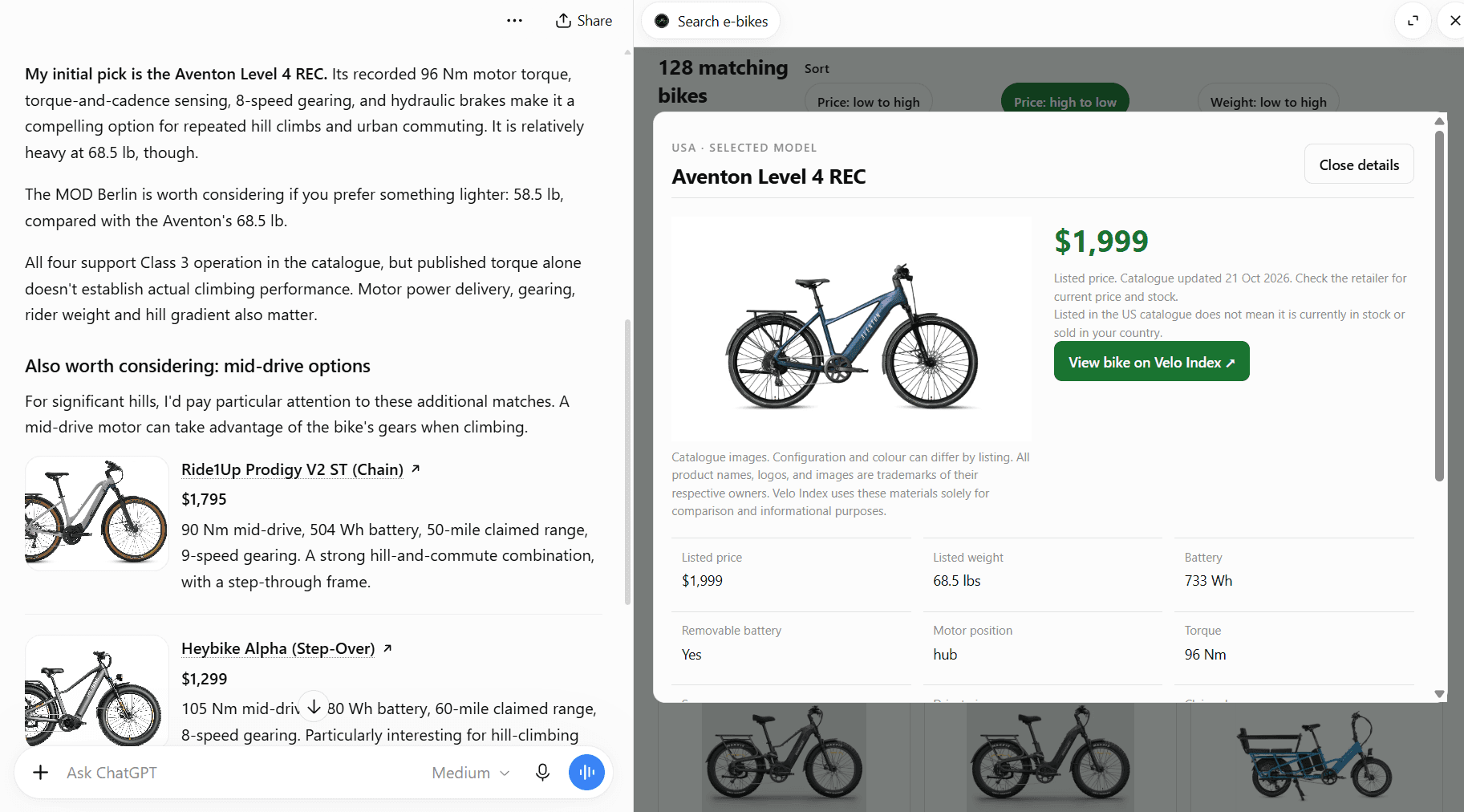 Velo Index details view for the Aventon Level 4 REC, with its price, specifications and a View bike on Velo Index button, beside the ChatGPT conversation.